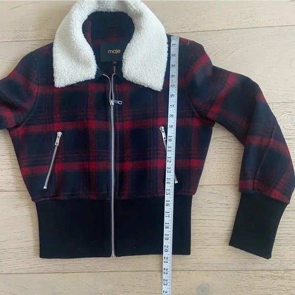 MAJE Bloppane Plaid Wool Blend Bomber Jacket FR38 US6 Red Navy Parisian Chic - Picture 11 of 11